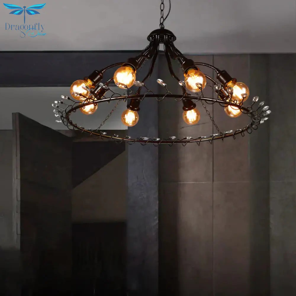 Ring Suspension Light With Clear Crystal Bead Retro Country 8 Lights Metallic Chandelier Bronze