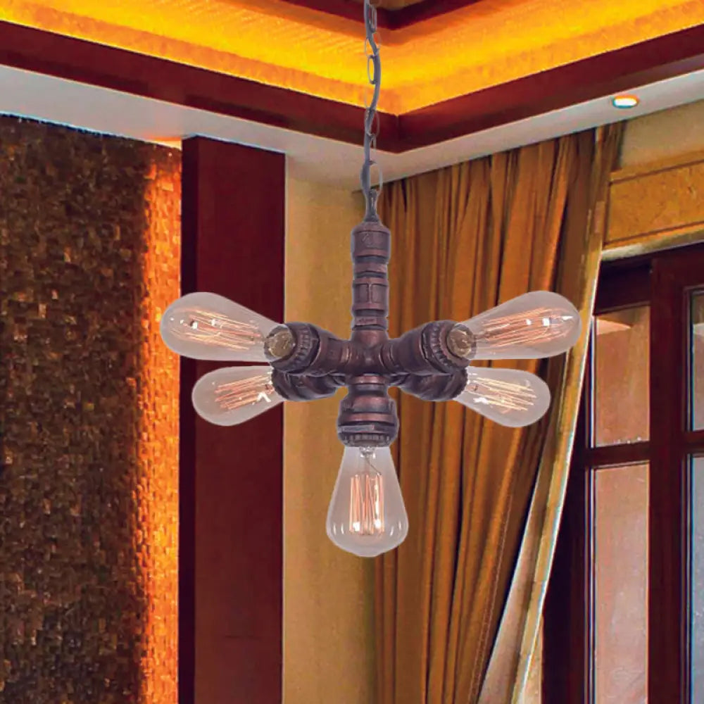 Roberta - Antiqued 5 - Bulb Metal Ceiling Chandelier Copper Finish Sputnik Pipe Living Room
