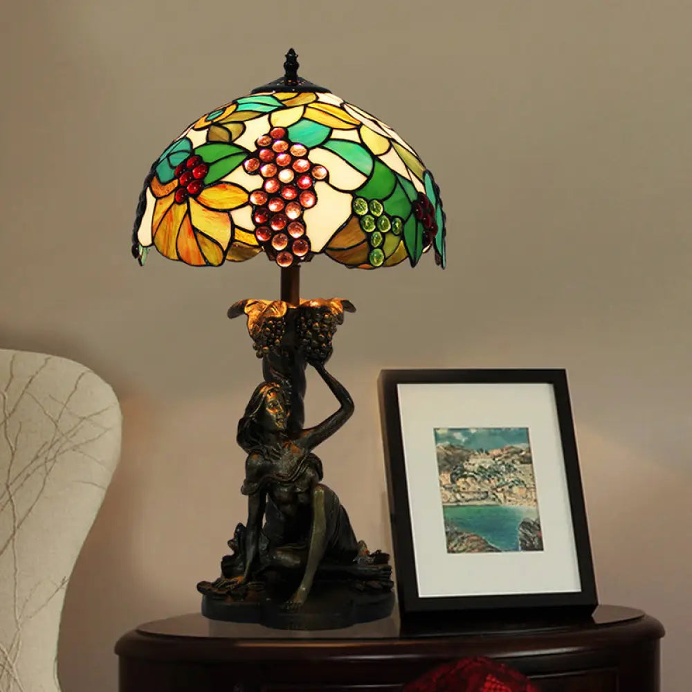 Roberta - Victorian Stained Glass Domed Nightstand Lamp 1 Light Green Grape Patterned Desk Lighting