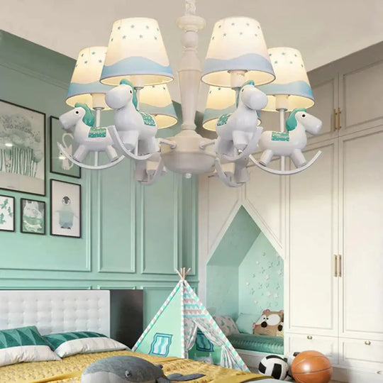 Rocking Horse Pendant Light Fixture Fabric And Metal Hanging Chandelier For Bedroom 6 / Blue