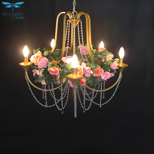 Rose - Antique 5 Heads Iron Chandelier Lighting Gold Candlestick Restaurant Flower Ceiling Lamp
