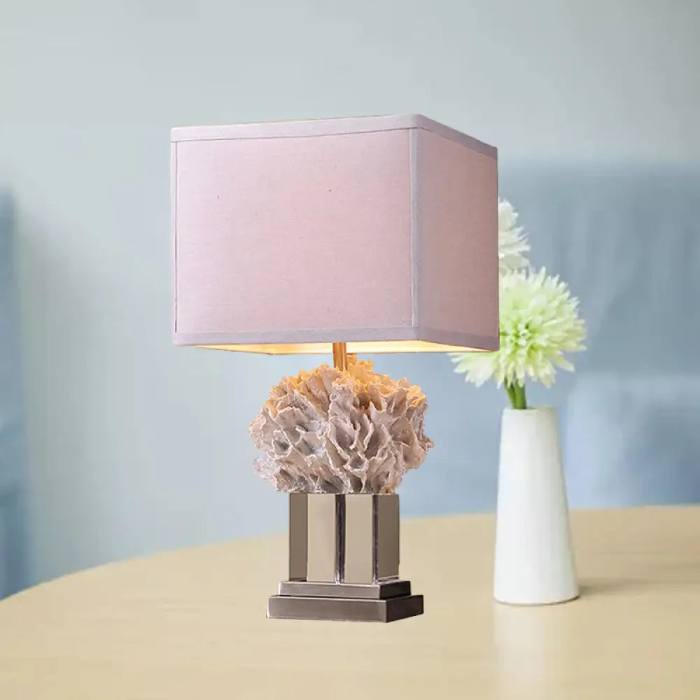 Rose - Rustic Single Resin Night Table Lamp White Seaweed Bedroom Nightstand Light With Cube Fabric