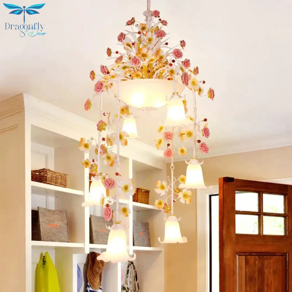 Rose White Glass Ceiling Lamp Romantic Pastoral 10 Bulbs Foyer Chandelier Lighting Fixture