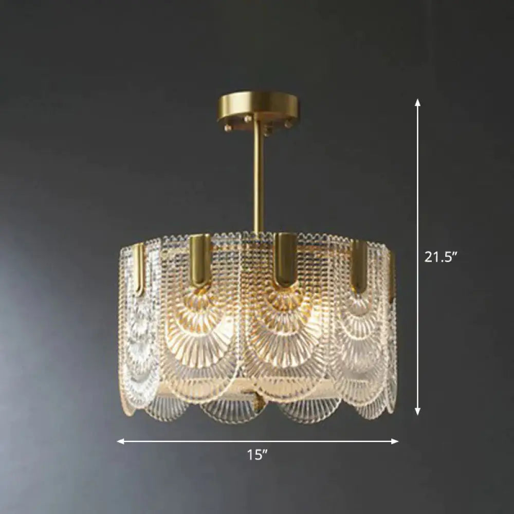 Round Brass With Ribbed Crystal Chandelier Pendant Light 4 / Brass