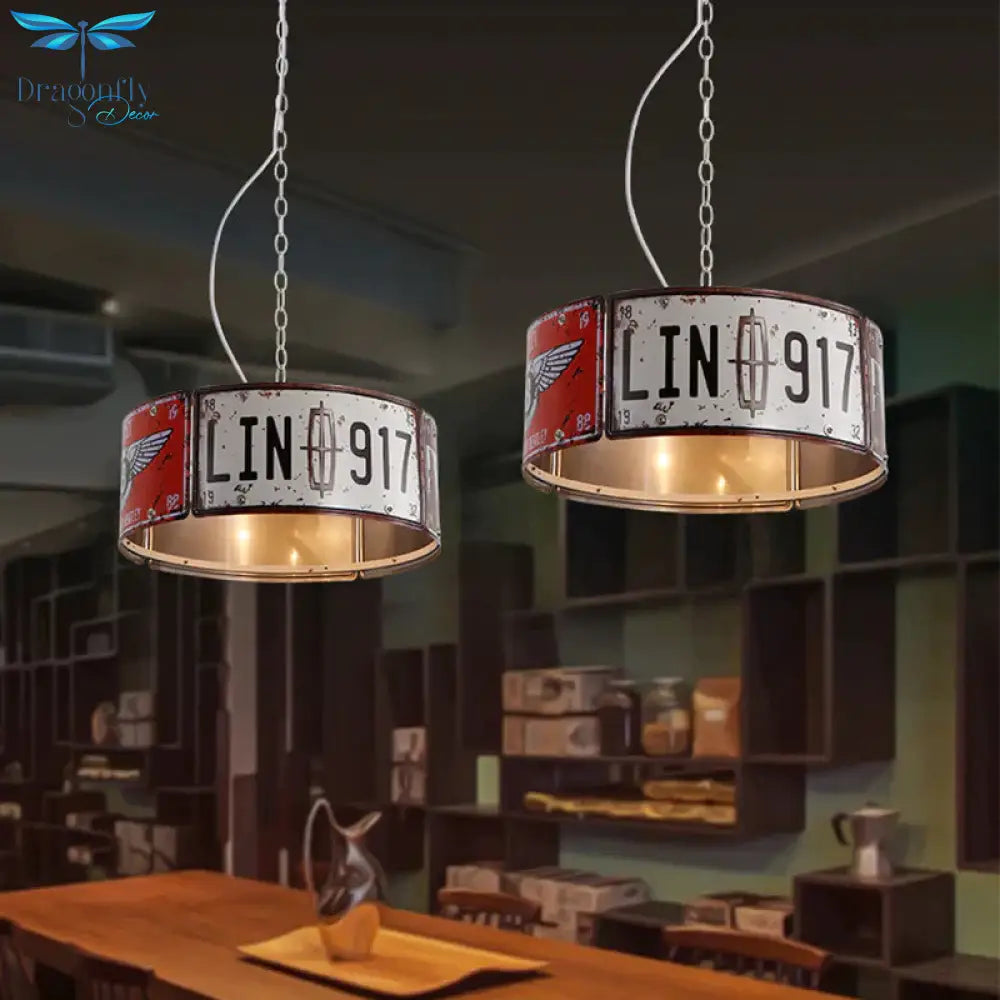 Round Cage Metal Suspension Light Three - Head Retro Chandeliers In White And Red For Bar