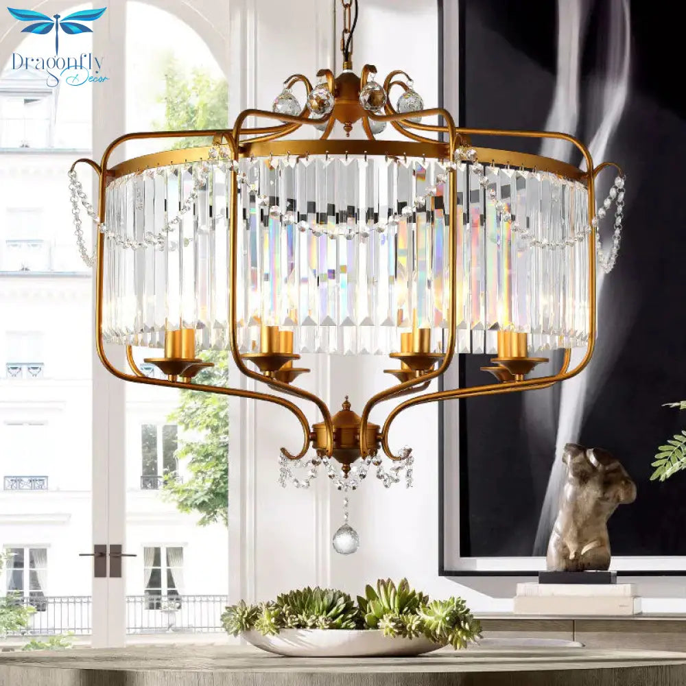 Round Crystal Chandelier Lamp Industrial Style With Wire Cage For Living Room
