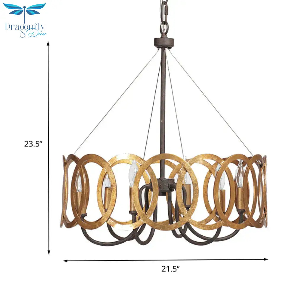 Round Metal Ceiling Light Traditional 6 - Bulb Dining Room Pendant Chandelier In Gold