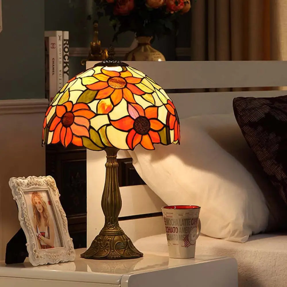 Rukh - Tiffany Sunflowers Night Lamp: Hand - Cut Stained Glass Table Light With Bronze