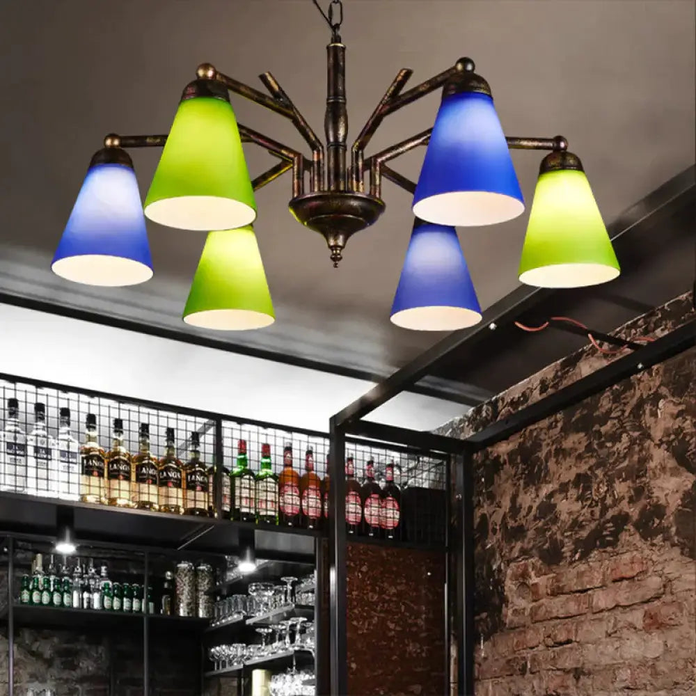 Rust Tapered Shade Chandelier 6 Lights Retro Metal Hanging Light For Restaurant