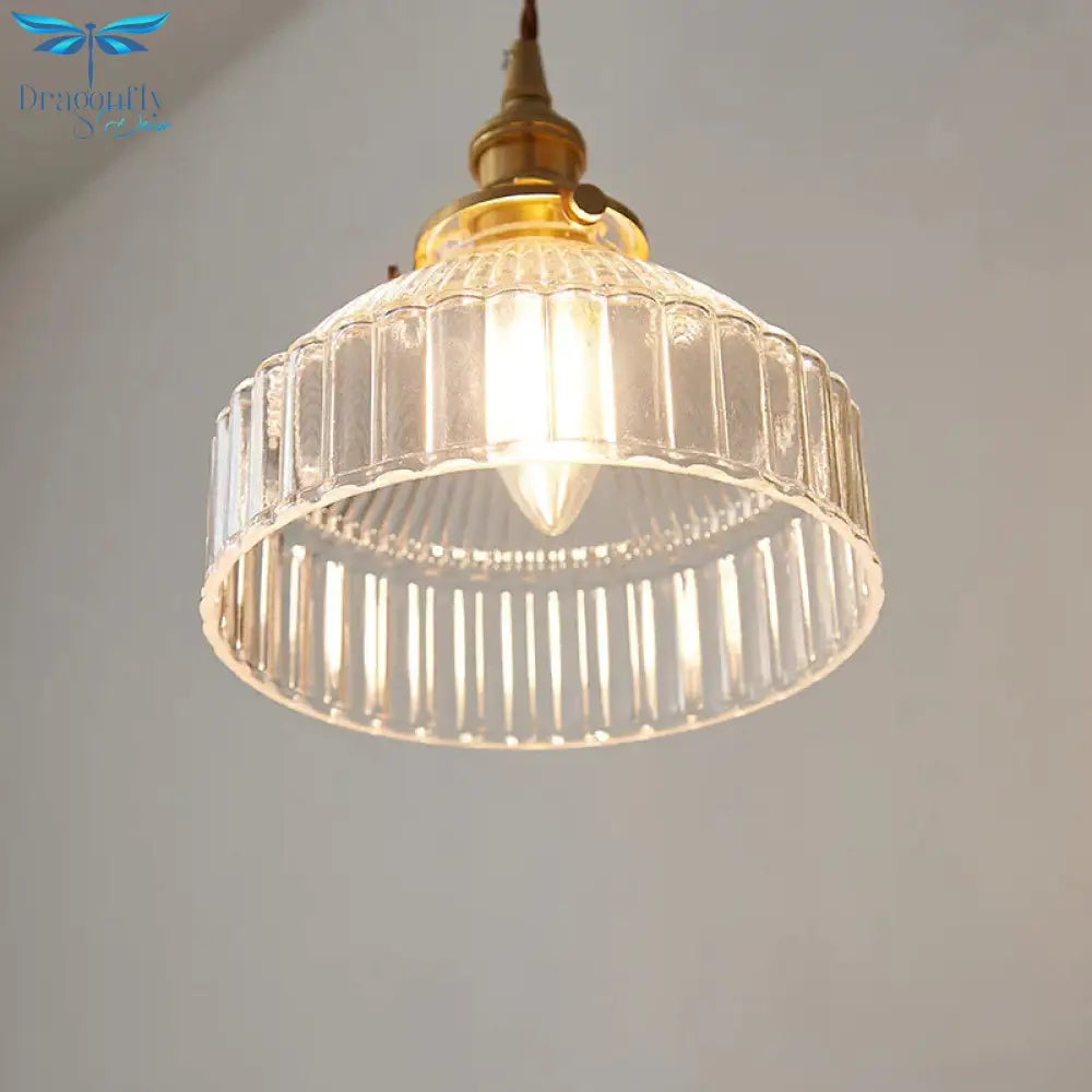 Rustic Barn Shade Pendant Lamp 1 - Light Clear Ribbed Glass Ceiling Suspension Light