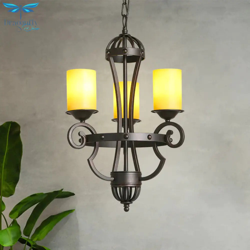 Rustic Black 3 Lights Hanging Fixture With Cylinder Yellow Glass Shade