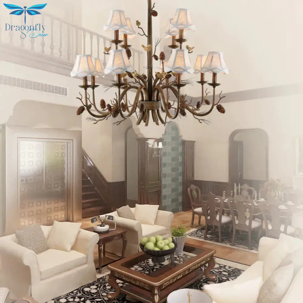 Rustic Brown Metal 12 Lights Pendant Light Fixture With White Fabric Shade