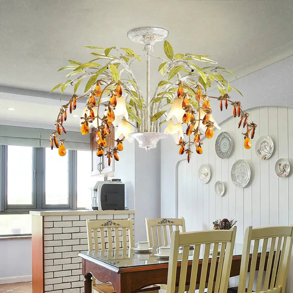 Rustic Flower Chandelier Light 3/6 Lights White Glass Hanging With Amber Crystal Decoration 6 /