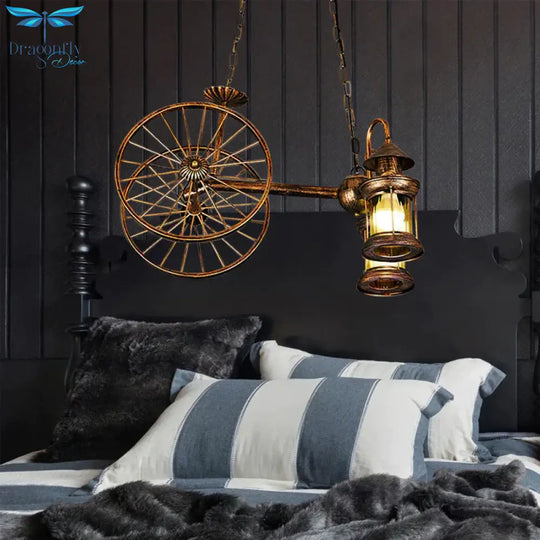 Rustic Stylish Wheel Design Hanging Lamp With Lantern Shade 2 Lights Metal Chandelier Lighting In