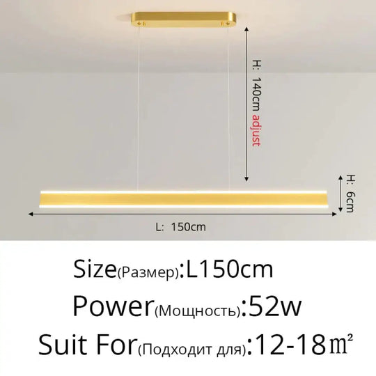 Salix V - Modern Minimalist Led Dimmable Bar Pendant Light Gold A 150Cm / With Remote Pendant