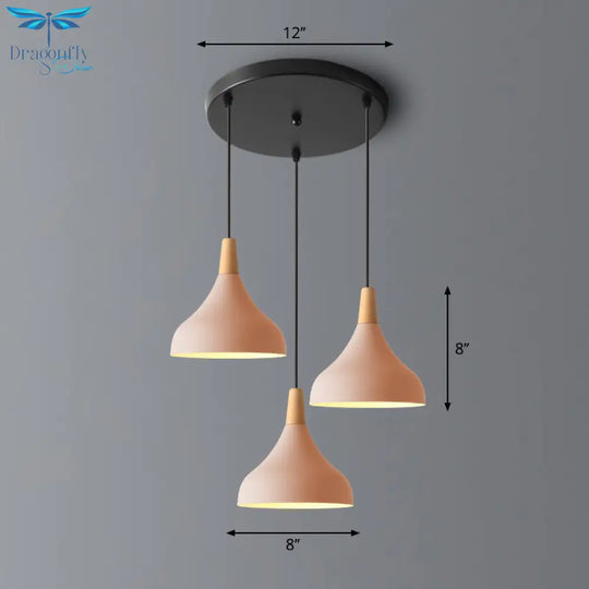 Salm - Swell Shape Pendant Light Macaron Metal 3 - Head Multi Hanging Fixture With Wood Tip