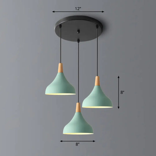 Salm - Swell Shape Pendant Light Macaron Metal 3 - Head Multi Hanging Fixture With Wood Tip Green /