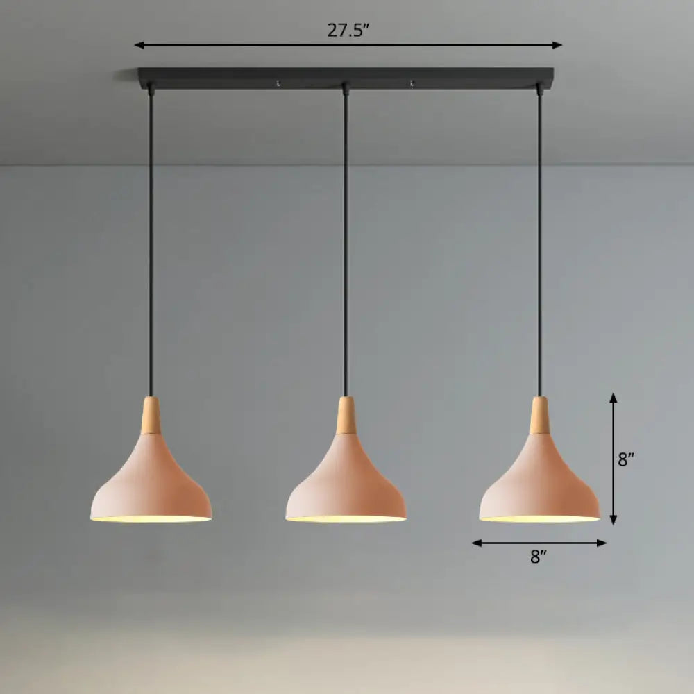 Salm - Swell Shape Pendant Light Macaron Metal 3 - Head Multi Hanging Fixture With Wood Tip Pink /