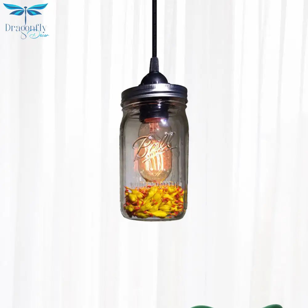 Sarah - Modern 1 - Light Pendant Lighting Caged Mason Jar Blown Glass Hanging Ceiling Light In