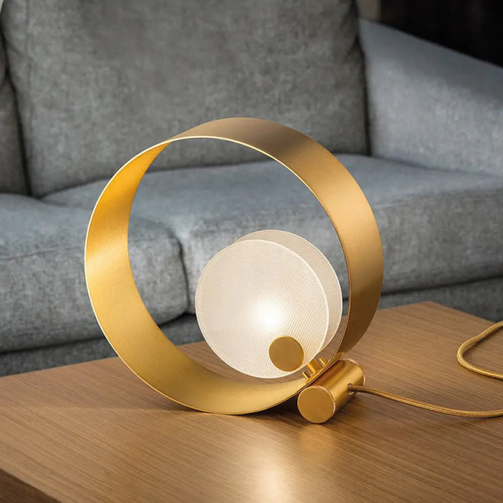 Sarin - Gold Metallic Postmodern Annulus Night Stand Lamp With Frosted Shade
