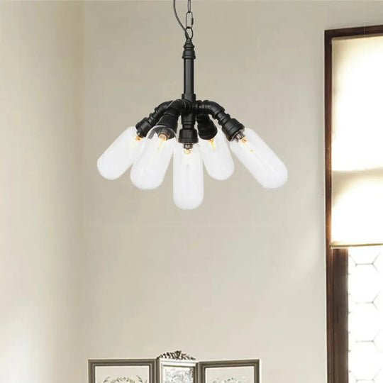 Sasin - Industrial Iron Chandelier With Black Piping And Clear Glass Shade 5 /