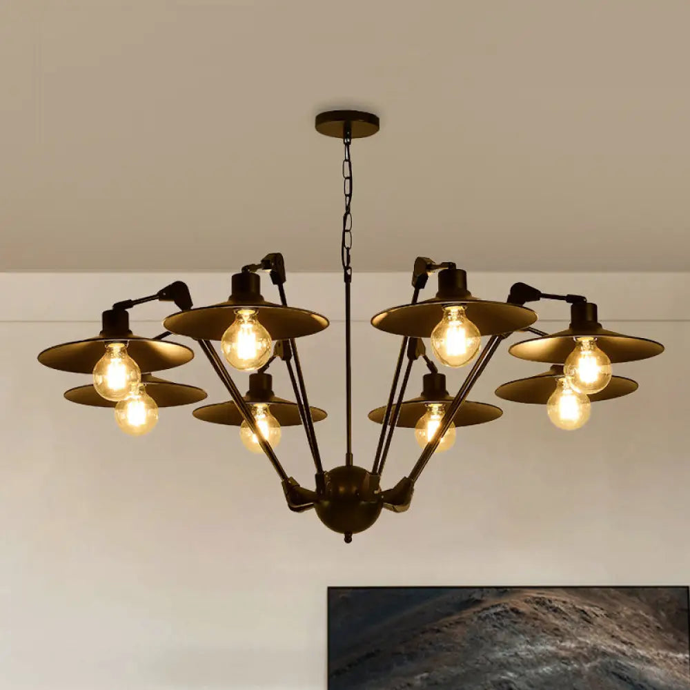 Scheddi - Antiqued Flat Chandelier Lighting 6/8 Bulbs Metal Rotatable Ceiling Pendant Lamp In Black