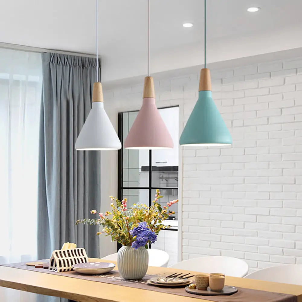 Serenity - Modern Grey/Pink/Green Cone Hanging Lamp Macaron 1 Bulb Aluminum Ceiling Pendant With