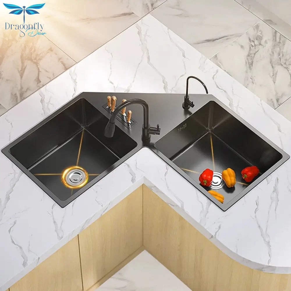 Shape Stainless Steel Kitchen Sink Household Corner Black L - Shaped Washibasin Hand Washing Bowl