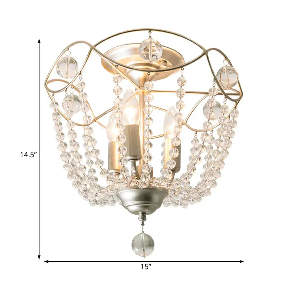 Silver 3 Lights Hanging Light Fixture Traditional Crystal Strand Dome Chandelier