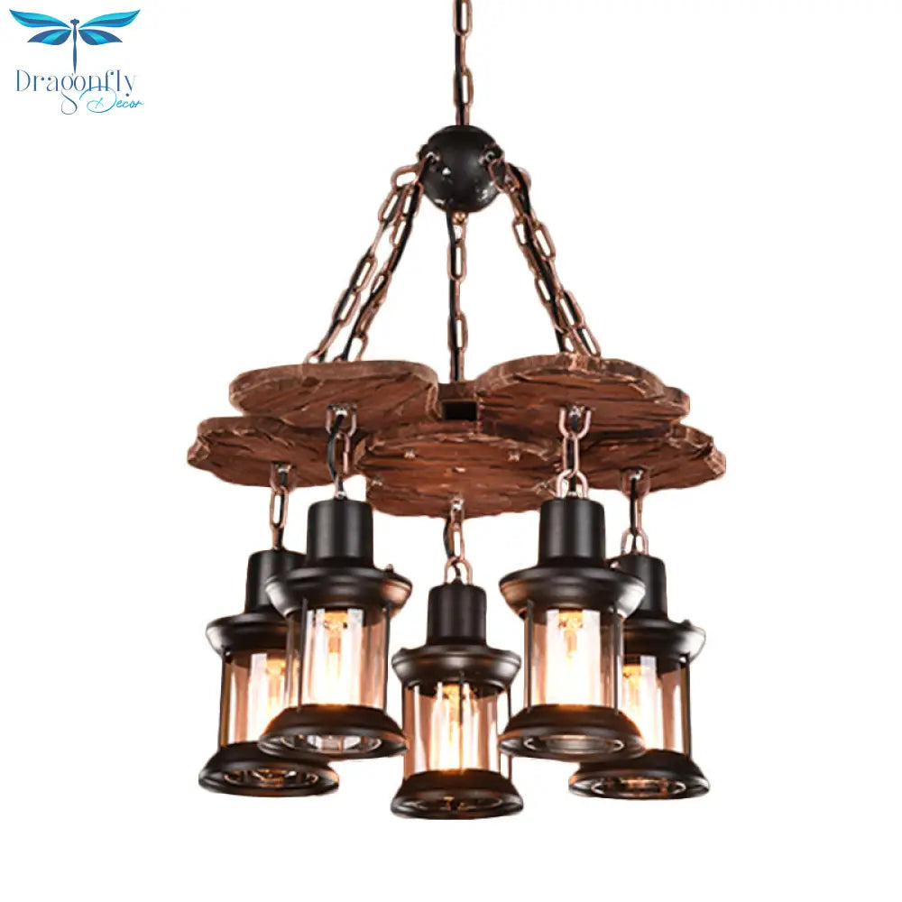 Silvia - Rustic 5 Lights Chandelier Light Fixture Farm Dining Room Wood Pendant With Lantern Clear
