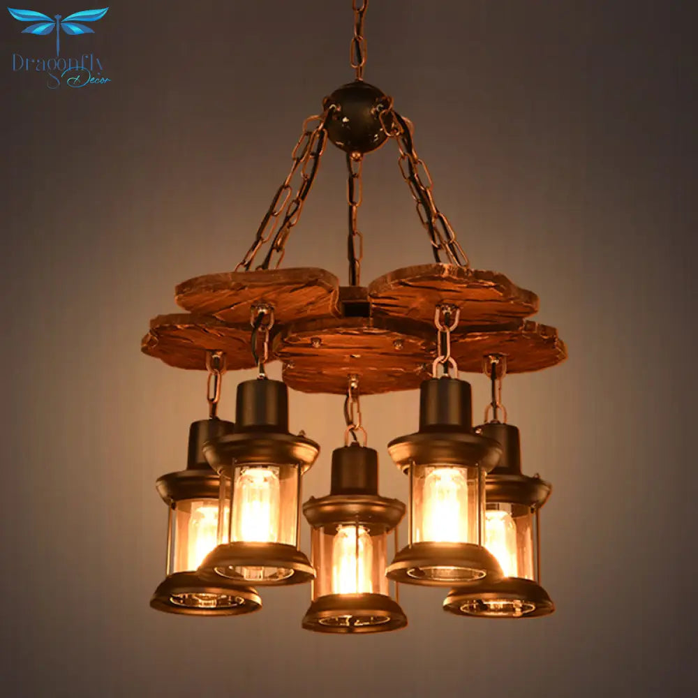Silvia - Rustic 5 Lights Chandelier Light Fixture Farm Dining Room Wood Pendant With Lantern Clear
