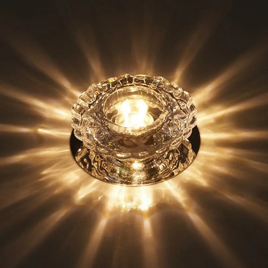 Simple Clear Crystal Entryway Led Flush Light Fixture - Round Mini Ceiling Mount / Warm