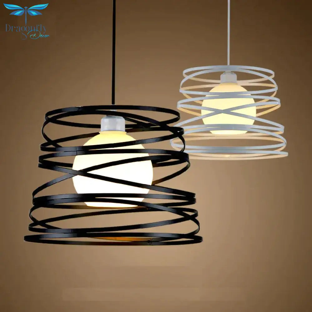 Simple Iron Spiral Pendant Lamp Light Shade 32Cm Black / White For Kitchen Island Dining Room