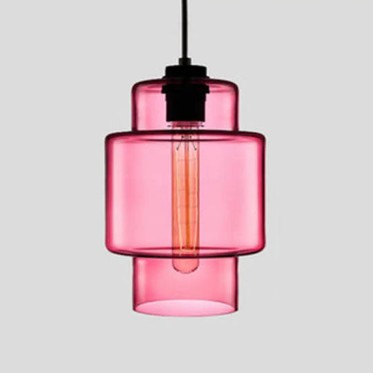 Simplicity Glass Cylindrical Hanging Lamp - 1-Light Pink/Yellow/Blue Ceiling Light Pink / A