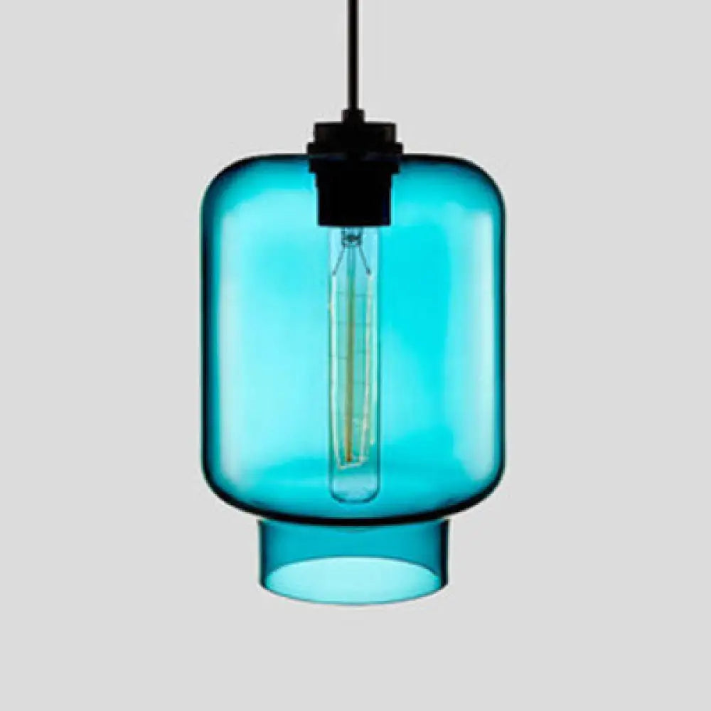 Simplicity Glass Cylindrical Hanging Lamp - 1-Light Pink/Yellow/Blue Ceiling Light Blue / D