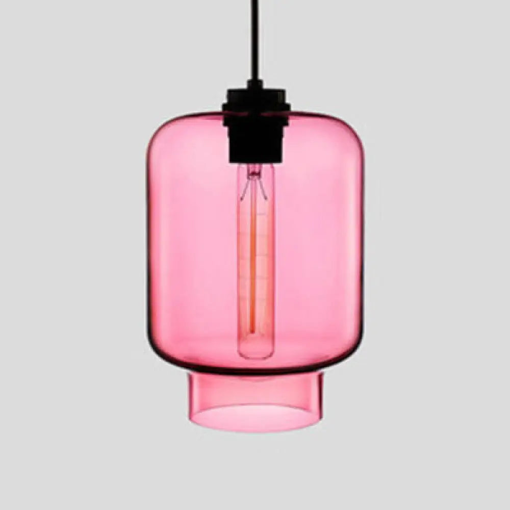 Simplicity Glass Cylindrical Hanging Lamp - 1-Light Pink/Yellow/Blue Ceiling Light Pink / D