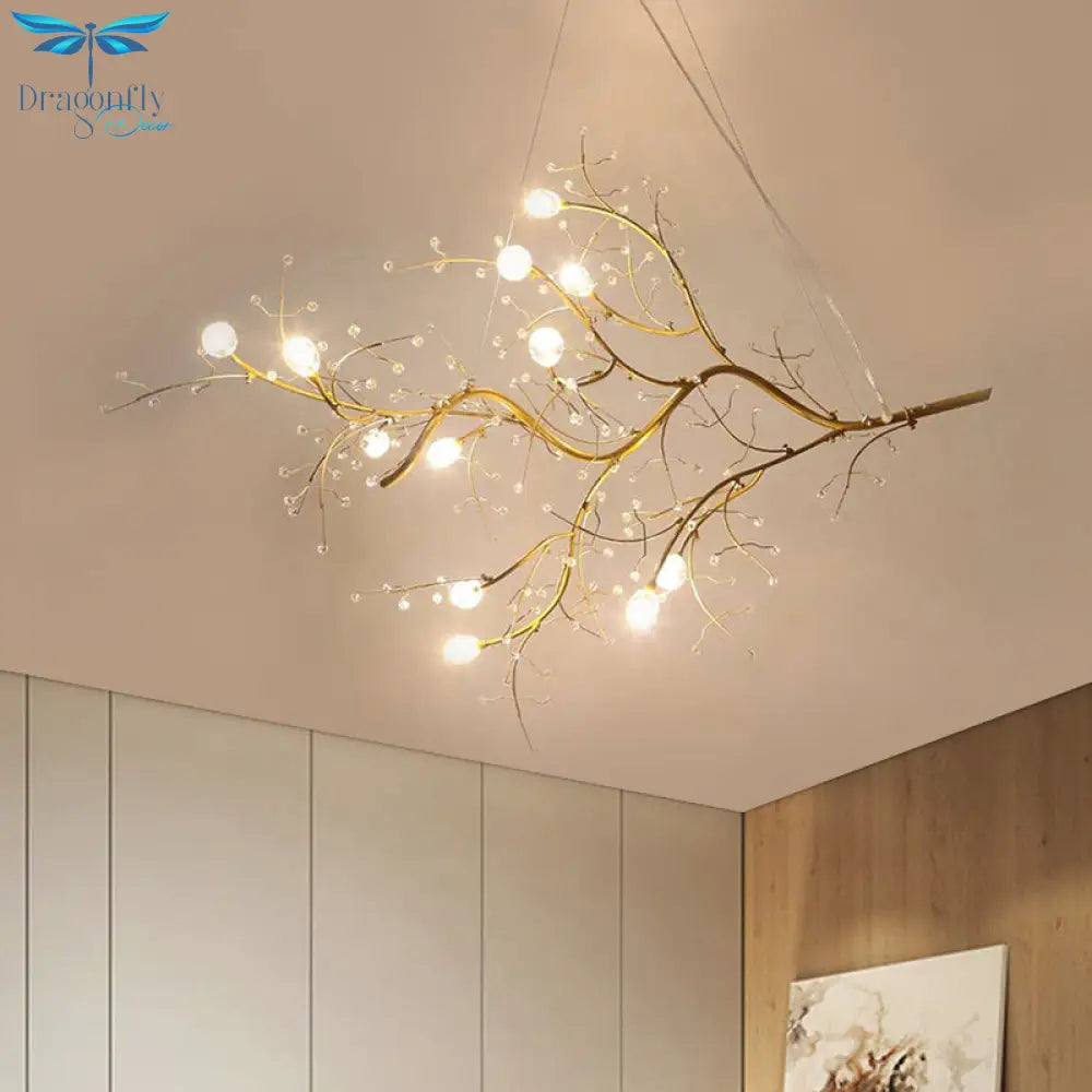 Situla - Metallic Thin Branch Chandelier With Crystal Bead 10 Lights Romantic Suspension Light For