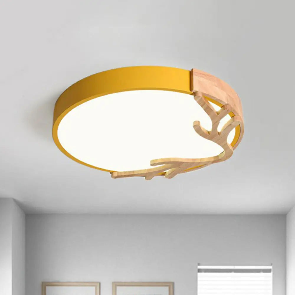 Sleek Metal Circle Led Flush Mount Ceiling Light - Ultra - Thin Design With Wooden Antler Accent