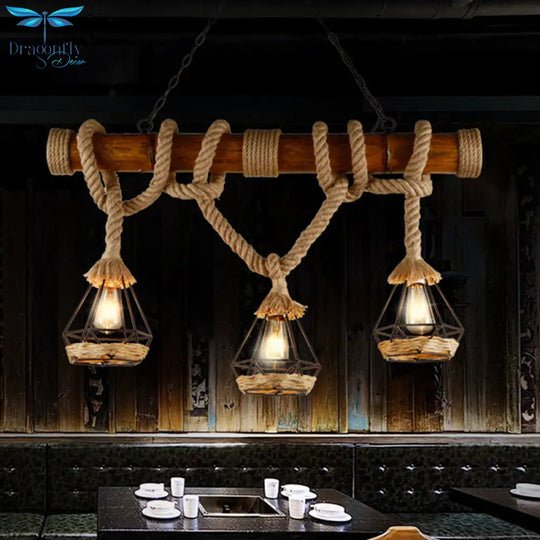 Sophie’s Rustic 3 - Light Island Pendant With Beige Hemp Rope Shade For Restaurant Suspension