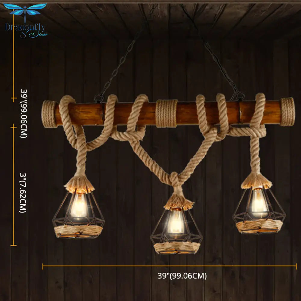 Sophie’s Rustic 3 - Light Island Pendant With Beige Hemp Rope Shade For Restaurant Suspension