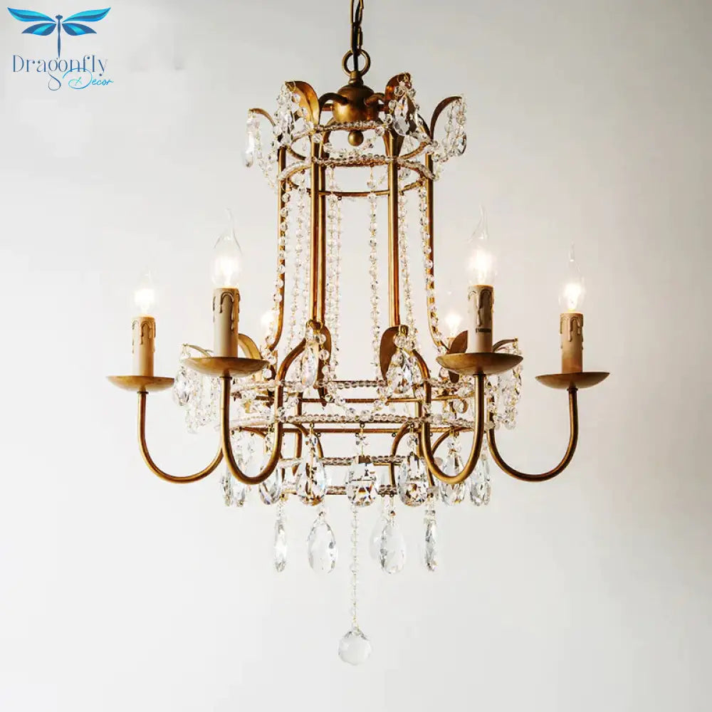 Spur Pendant Chandelier Traditional Metal 6 Bulbs Gold Hanging Ceiling Light With Crystal Drop