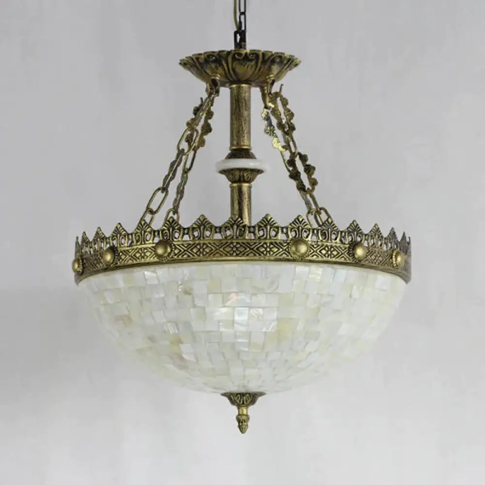Stained Glass Bowl Pendant Light With Metal Chain Vintage Hanging Ceiling In White/Beige/Orange -