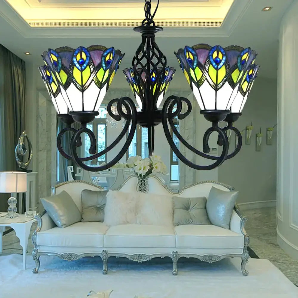 Stained Glass Tiffany Chandelier 5 Lights Peacock Pendant Light Fixture For Dining Table With