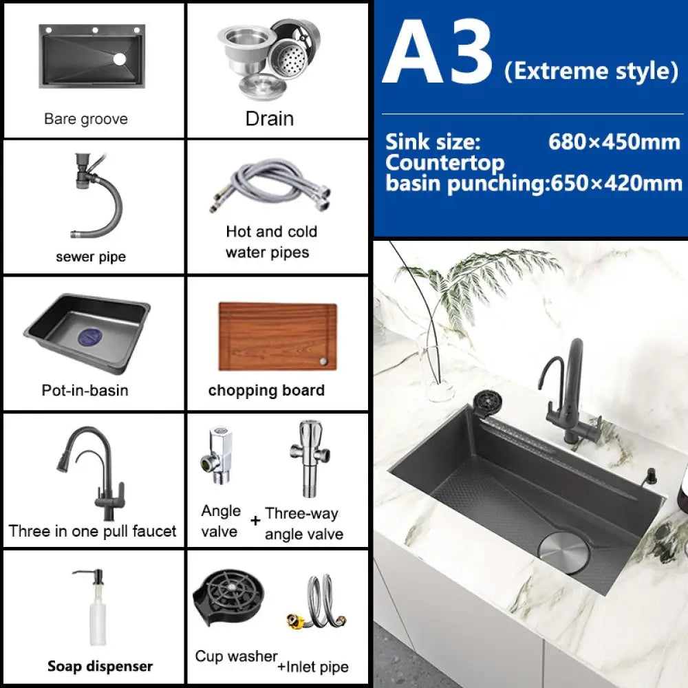Stainless Steel Embossed Kitchen Sink Large Single Slot Washbasin Multifunctional Washing Basin