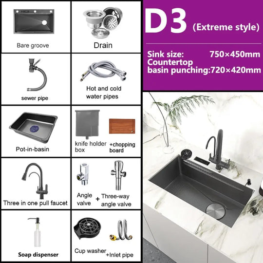 Stainless Steel Embossed Kitchen Sink Large Single Slot Washbasin Multifunctional Washing Basin