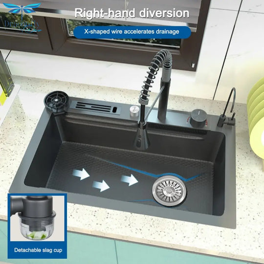 Stainless Steel Spring Waterfall Sink  Embossed Kitchen Large Single Slot Washing Basin Dishwasher
