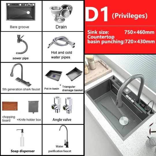 Stainless Steel Waterfall Kitchen Sink Digital Display Embossed Large Single - Slot Multifunctional