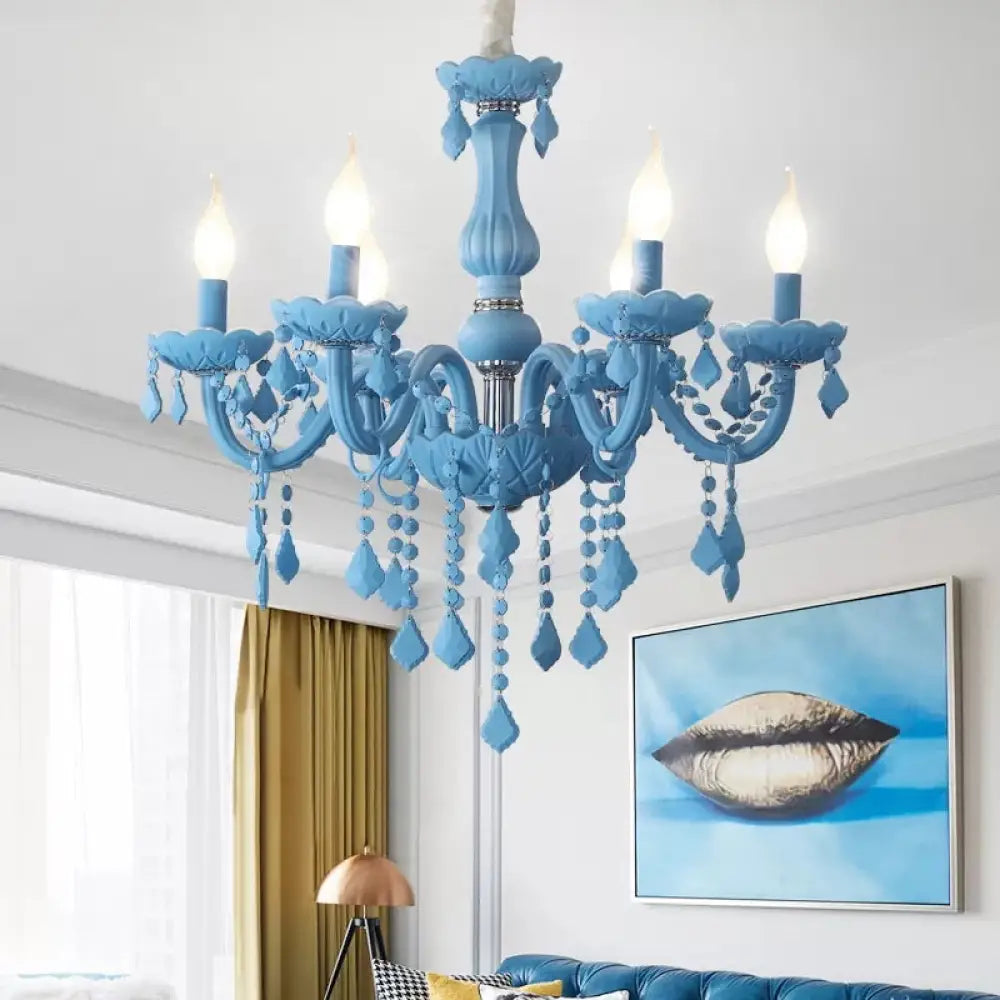 Sulafat - Macaron Crystal Deco Candle Chandelier 6 Lights Stylish Suspension Blue
