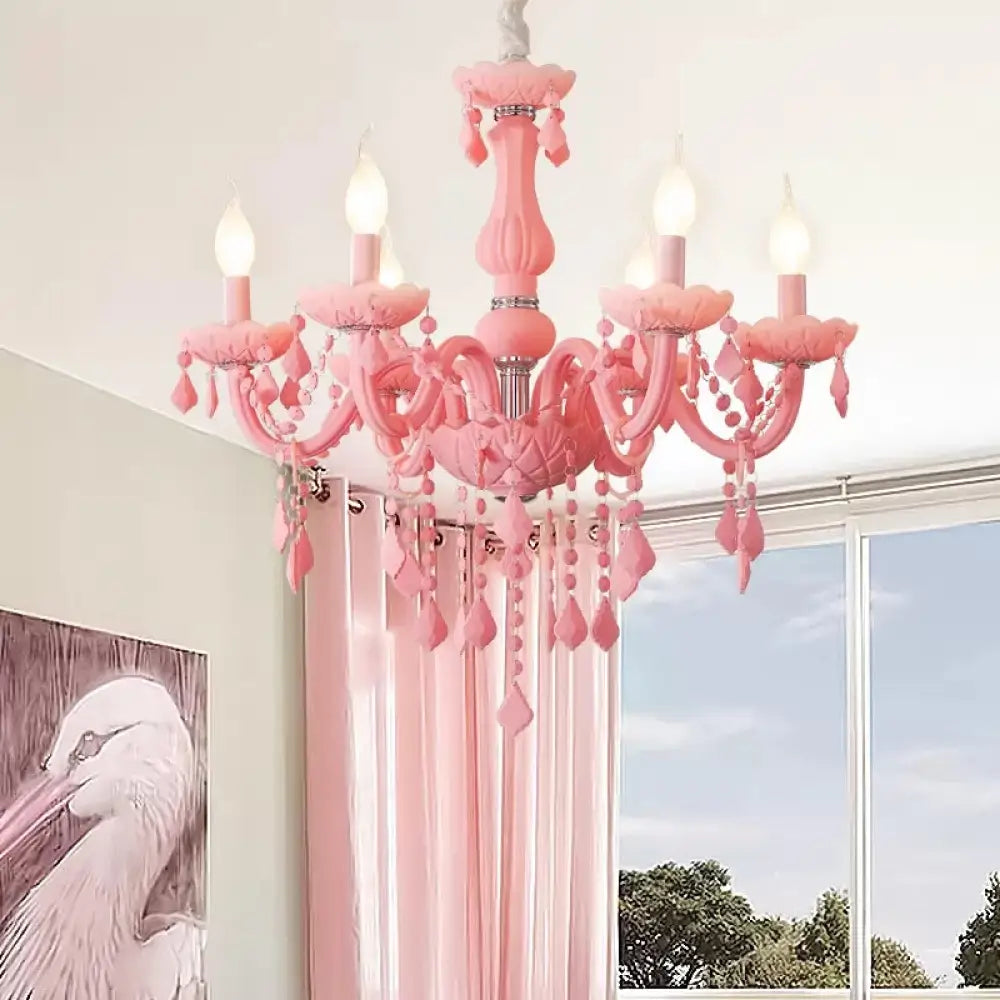 Sulafat - Macaron Crystal Deco Candle Chandelier 6 Lights Stylish Suspension Pink