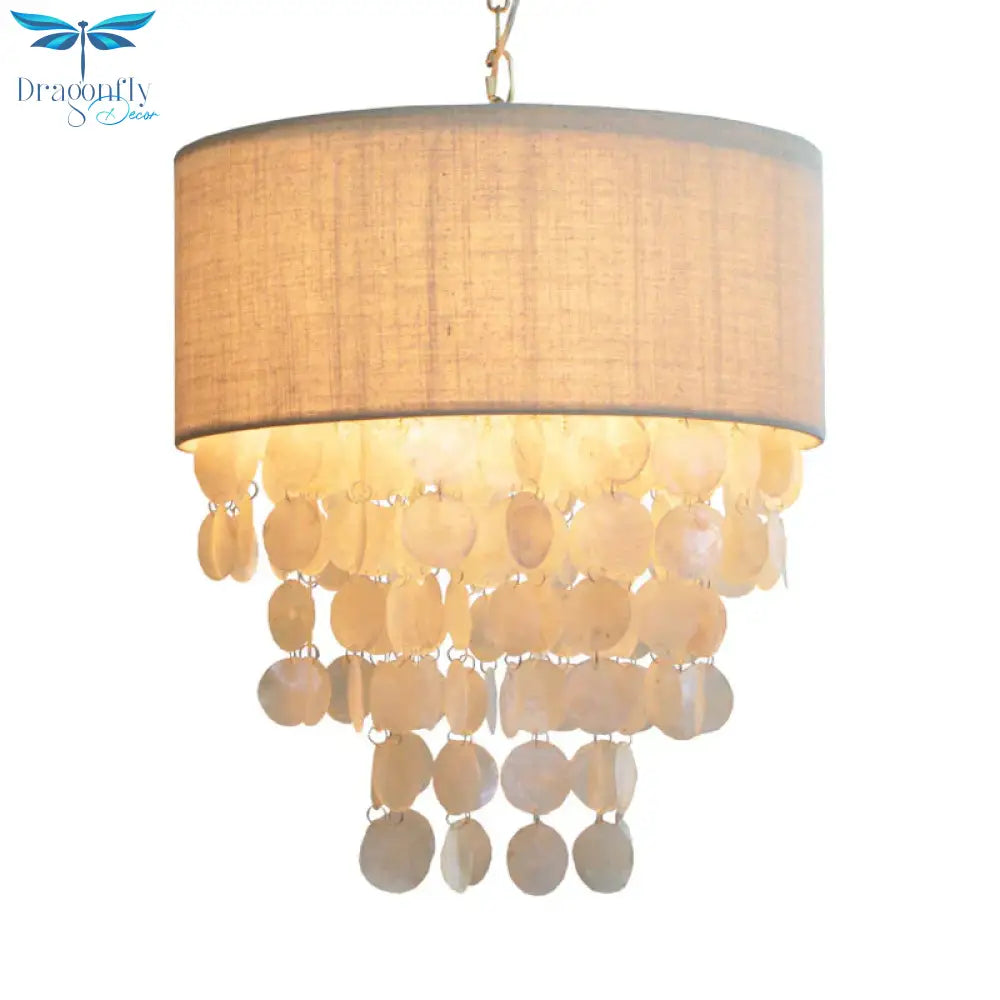 Tassel Shell Hanging Chandelier Retro 3 Heads White Ceiling Pendant Light With Drum Fabric Shade